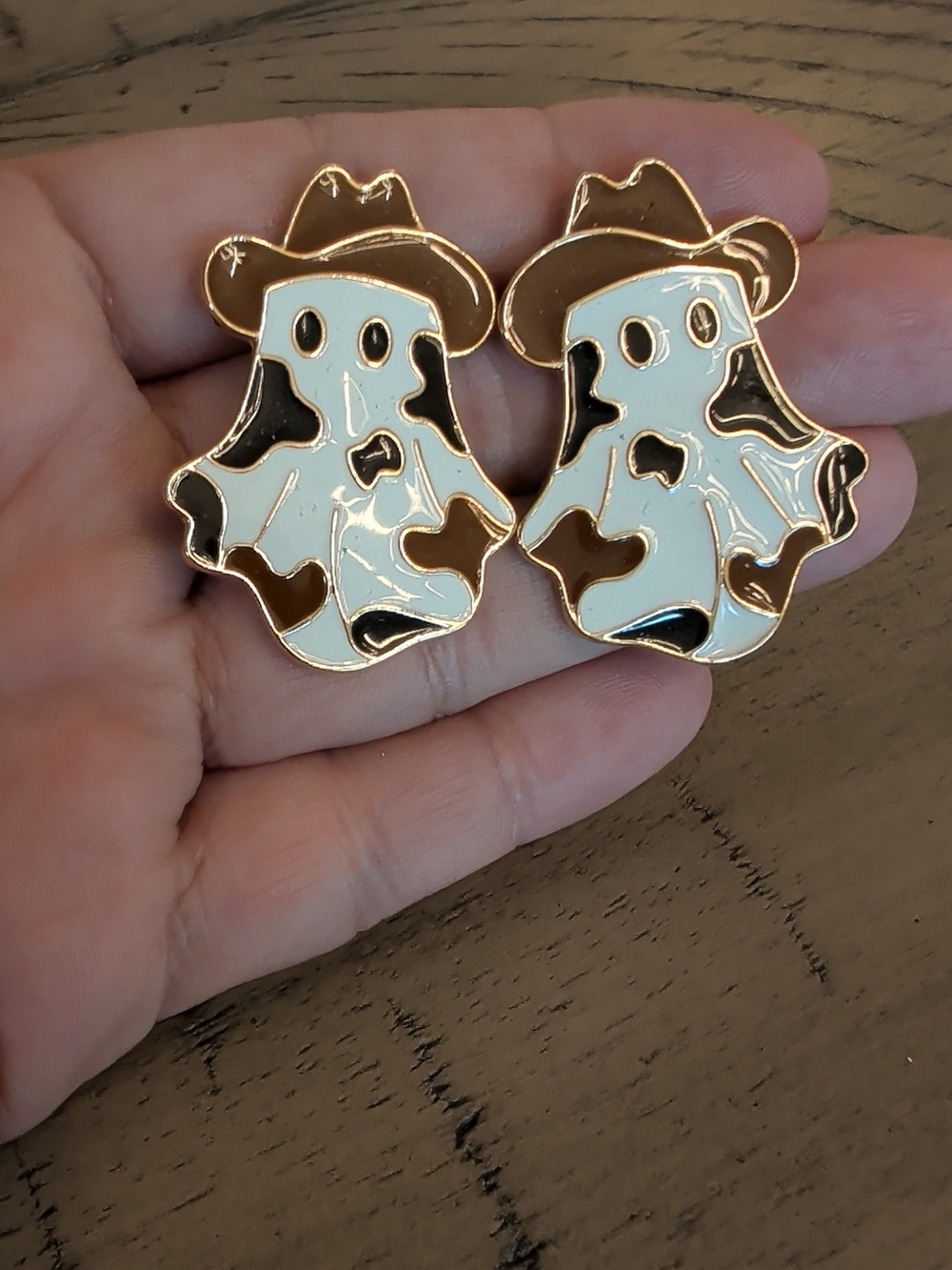 Cowprint Ghost Cowboy Hat Enamel Earrings
